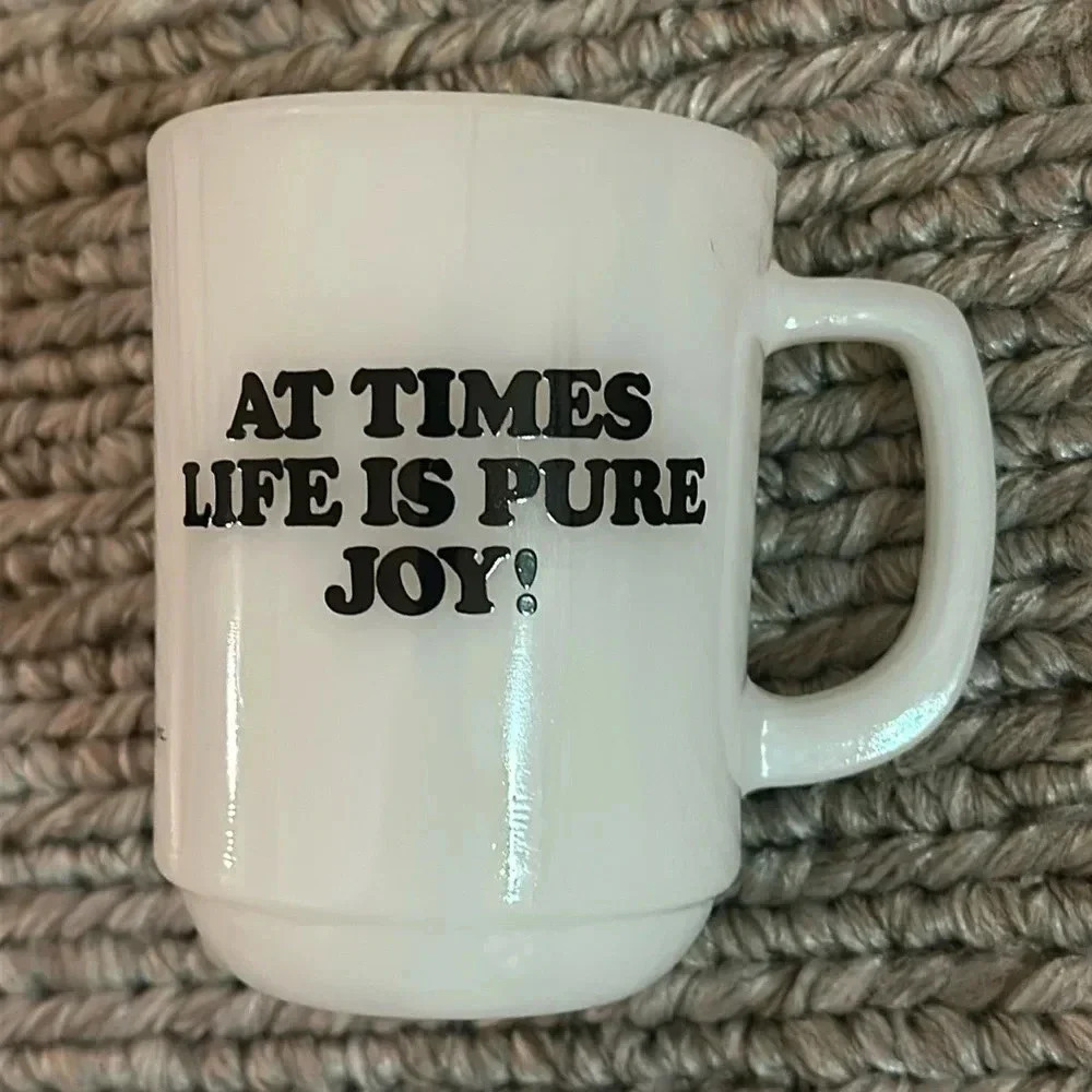 1965 Snoopy & Woodstock "AT TIMES LIFE IS PURE JOY!"Milk Glass Fire King Mug Cup